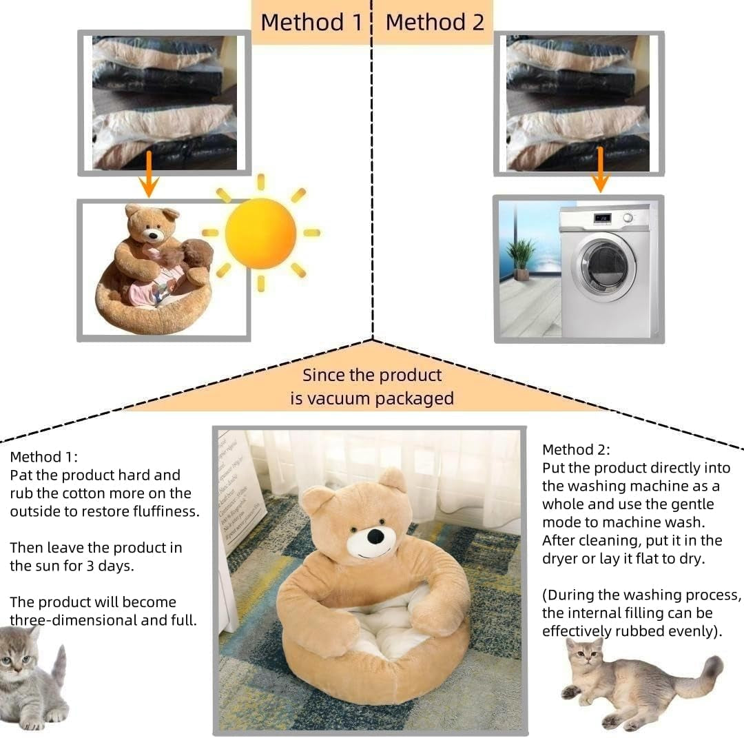 Cute Bear Hug Design Dog Cat Beds Plush Pet Beds Cuddler, Warm Soft Calming Dog Beds with Removable Washable Cover Non-Slip Bottom (Diameter 22 In, Khaki)