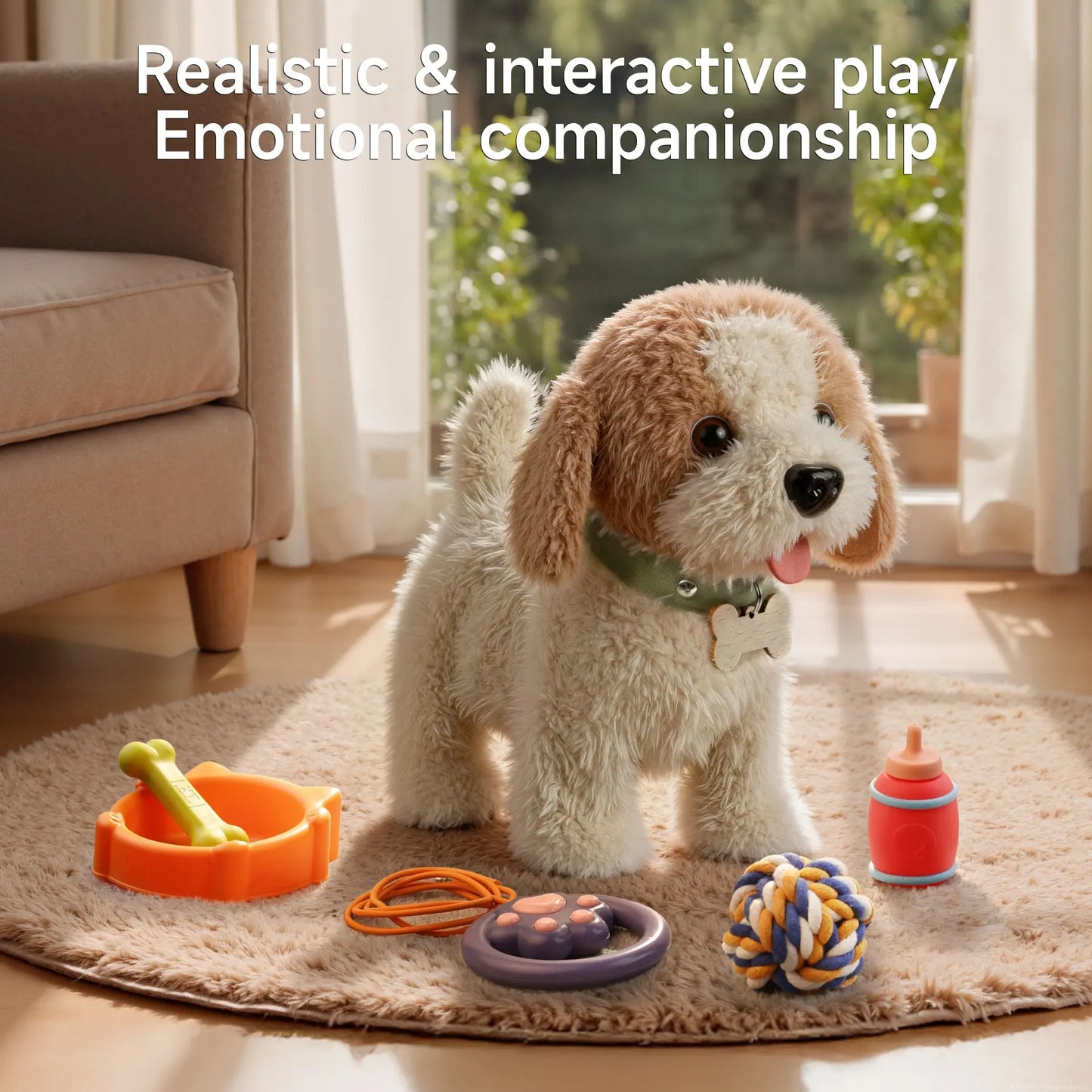 TUMAMA Realistic Interactive Puppy - Walking, Barking Dog Toy with Leash & 6 Songs! Touch & Voice Activated Smart Pet with DIY Feeding Set, Soft Huggable Plush for Imaginative Play & Emotional Development