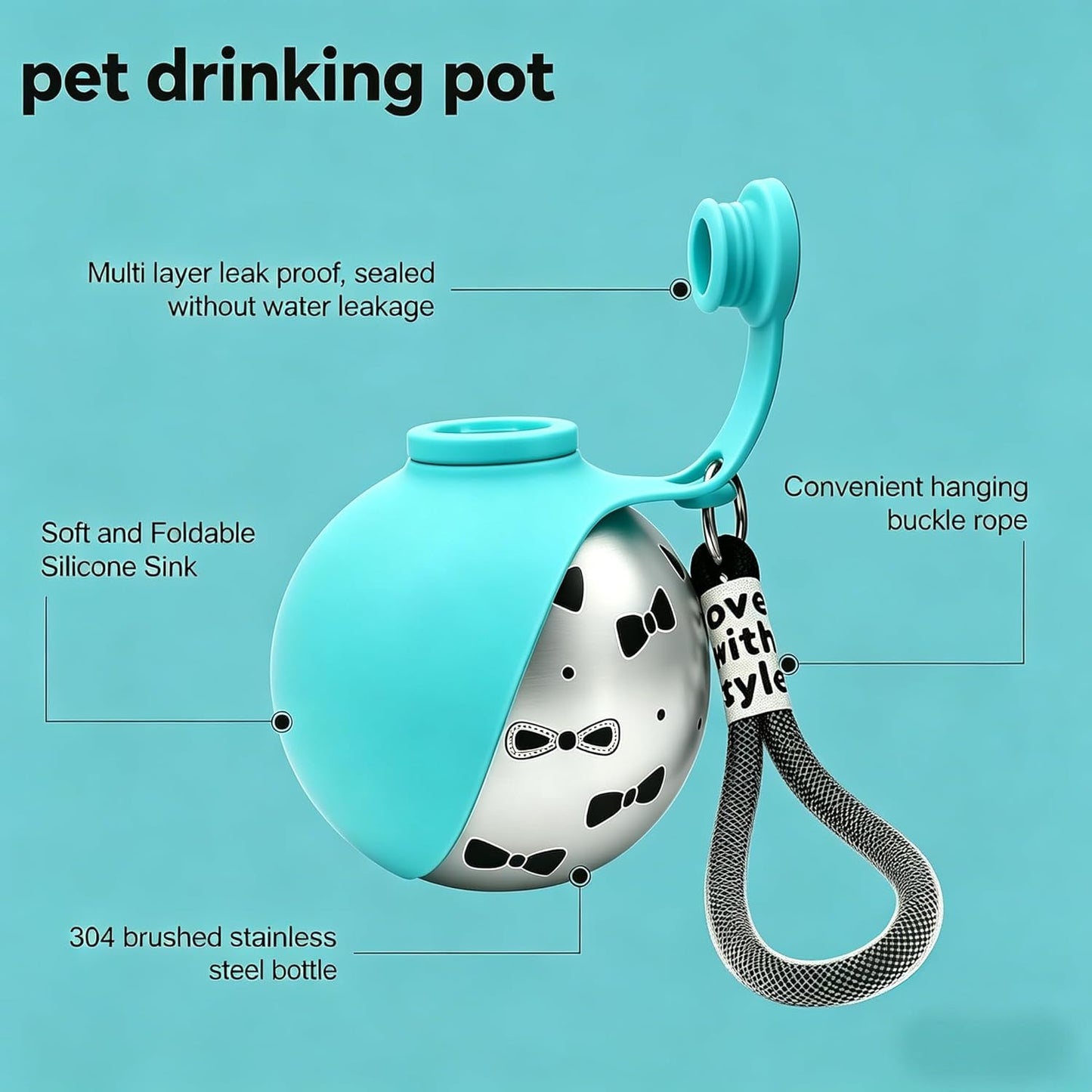 Portable 2-in-1 Dog Water Bottle with Stainless Steel Dispenser and Silicone Bowl, 10oz Leak-Proof Design for Travel, Hiking, and Walking (Blue A)