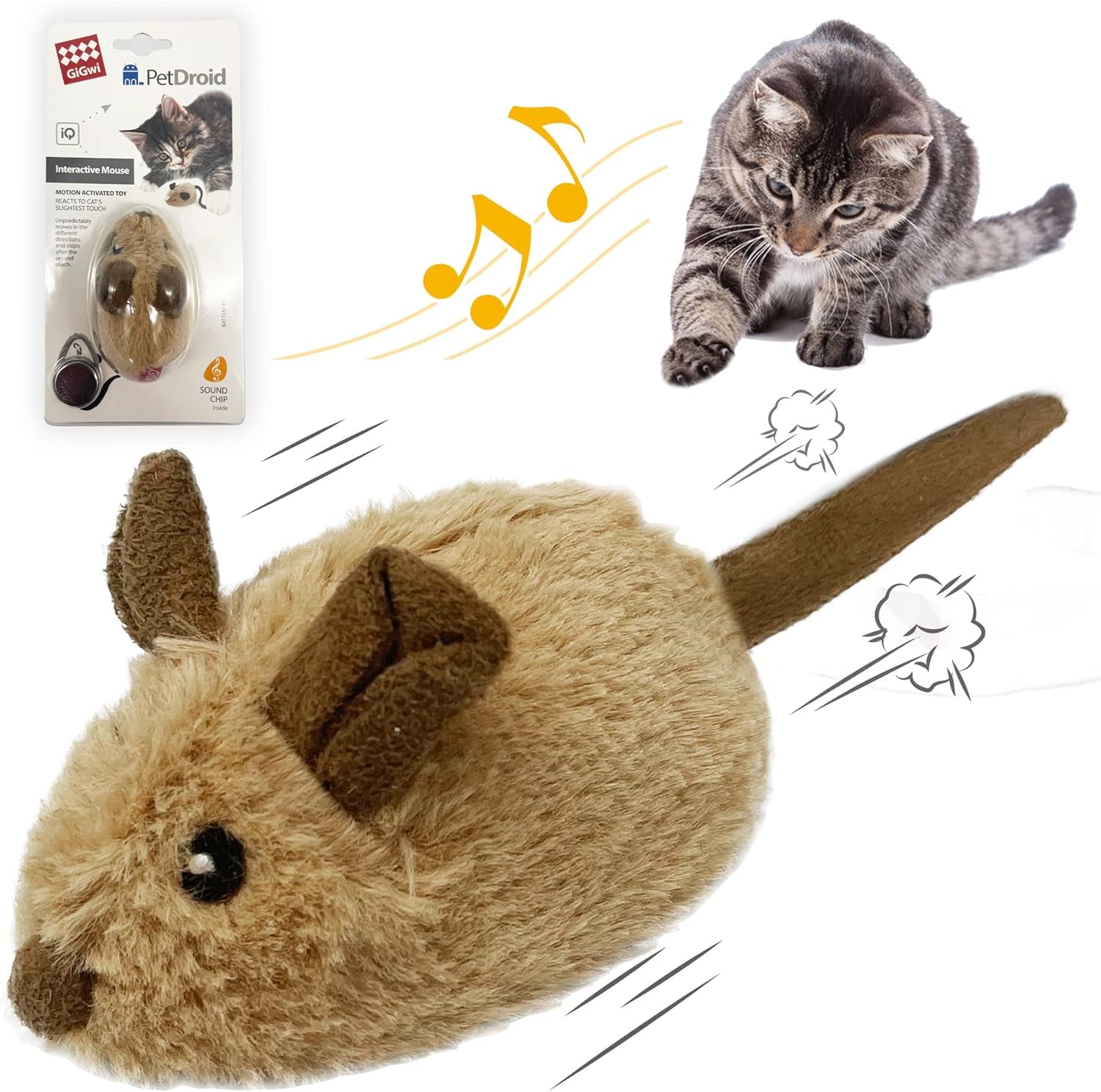 Interactive Cat Toy Mouse, Moving Automatic Cat Toys Mice Electronic with Furry Tail, Automatic Squeaky Cat Toys for Kitten Indoor/Outdoor Exercise (Brown-Ear) | Electronic Cat Mice Toy with Furry Tail, Brown Motion-Activated Cat Chase Toy, Great for Indoor& Outdoor Exercise Play