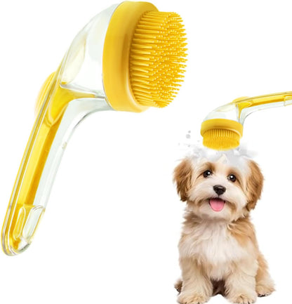 Dog Bath Brush, 2 in 1 Pet Grooming Bath Massage Brush with Soap and Shampoo Dispenser Soft Silicone Bristle Dog Scrubber for Long Short Haired Dogs Cats Shower(Yellow)