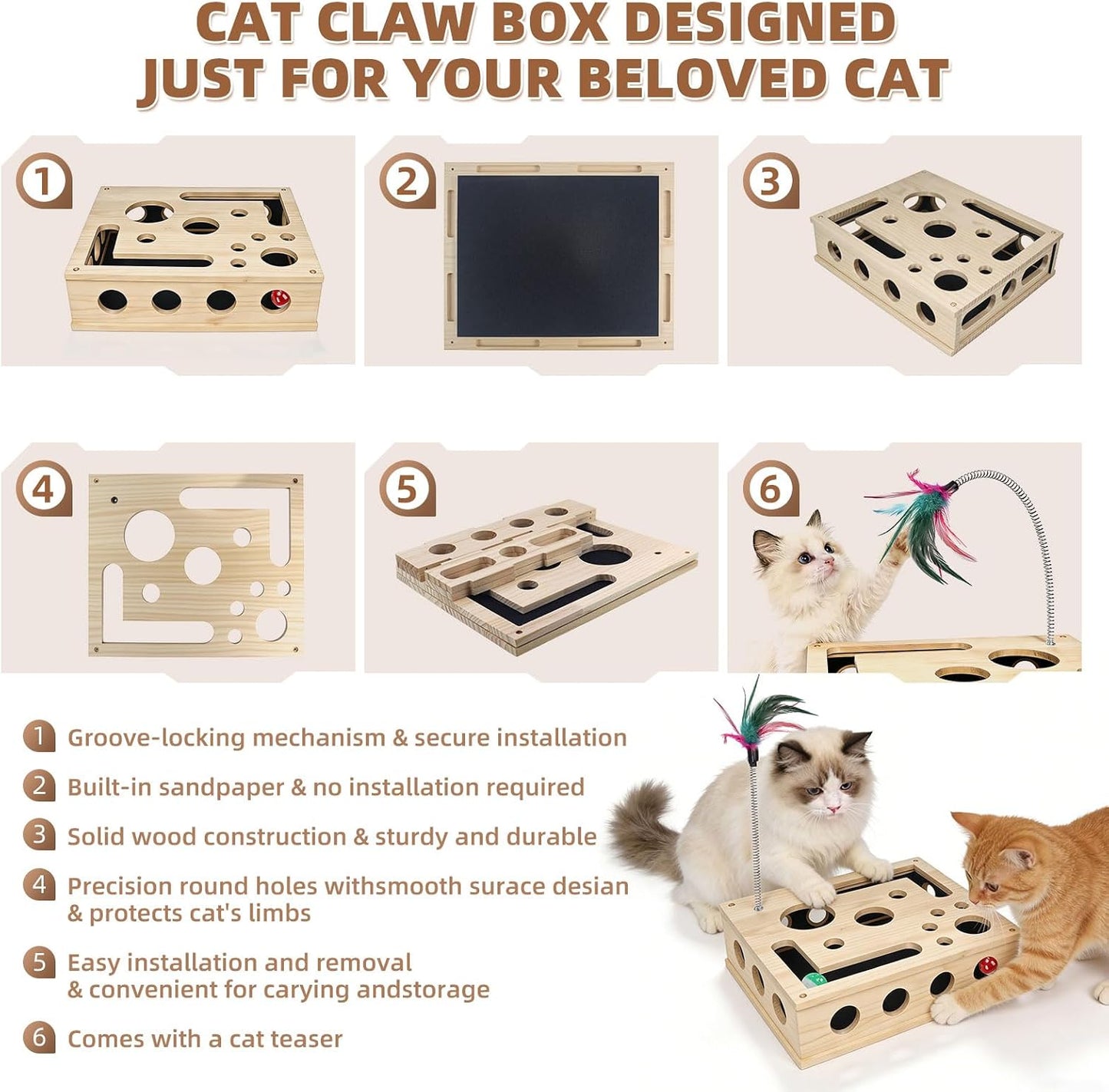 Cat Scratch Puzzle Enrichment Box, Interactive Cat Nail File Scratcher with Sandpaper, 3 Bell Balls & Detachable Teaser Wand, Stress‑Free Nail Care Toy for Indoor Cats, Scratchers That Trim Nails