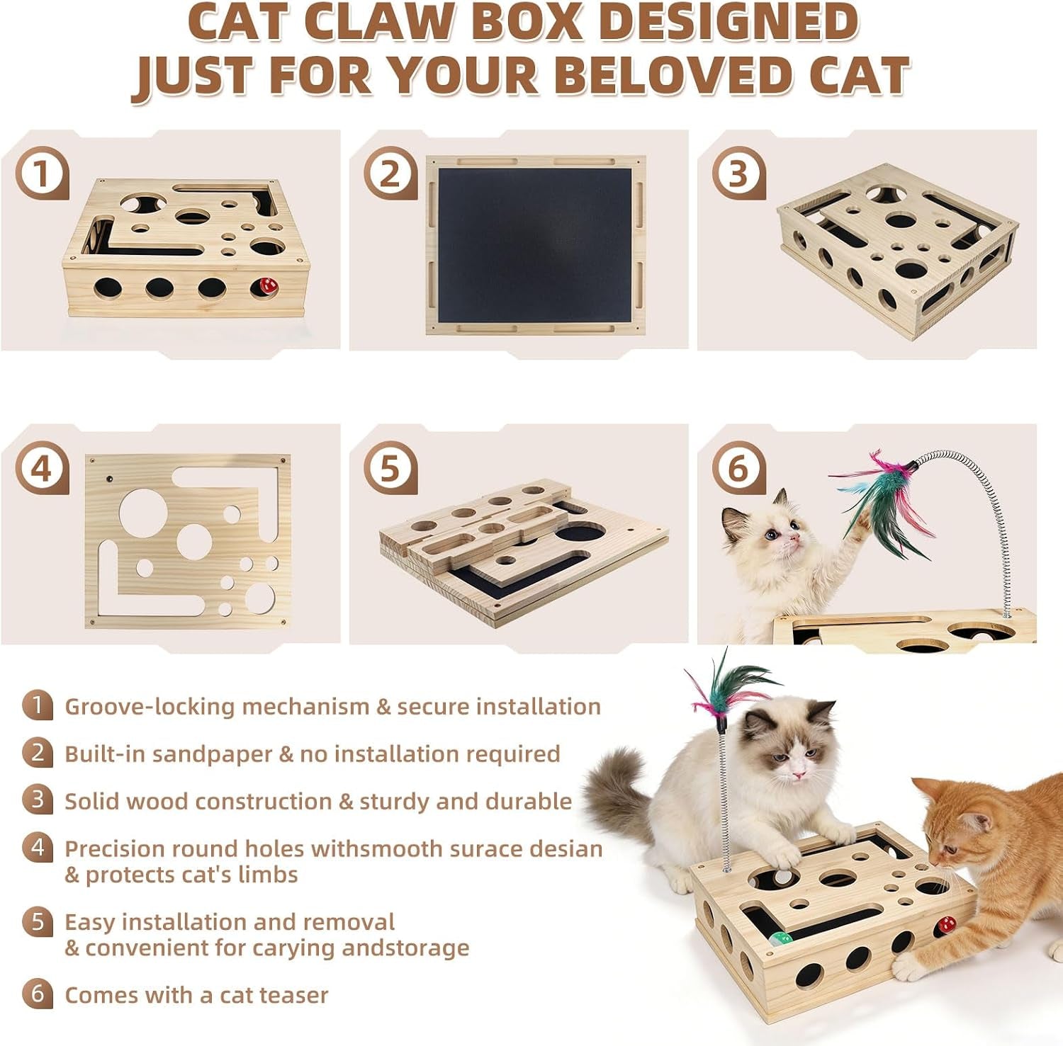 Cat Scratch Puzzle Enrichment Box, Interactive Cat Nail File Scratcher with Sandpaper, 3 Bell Balls & Detachable Teaser Wand, Stress‑Free Nail Care Toy for Indoor Cats, Scratchers That Trim Nails