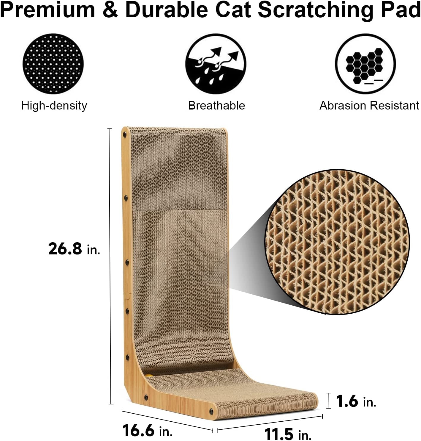 Cat Scratcher, 26.8 Inch L Shaped Cat Scratch Pad for Indoor Cats | Vertical Cat Scratching Board with Ball Cat Toy, Cardboard Cat Scratcher for Wall Sofa Couch, Kitten Scratching Post, Large
