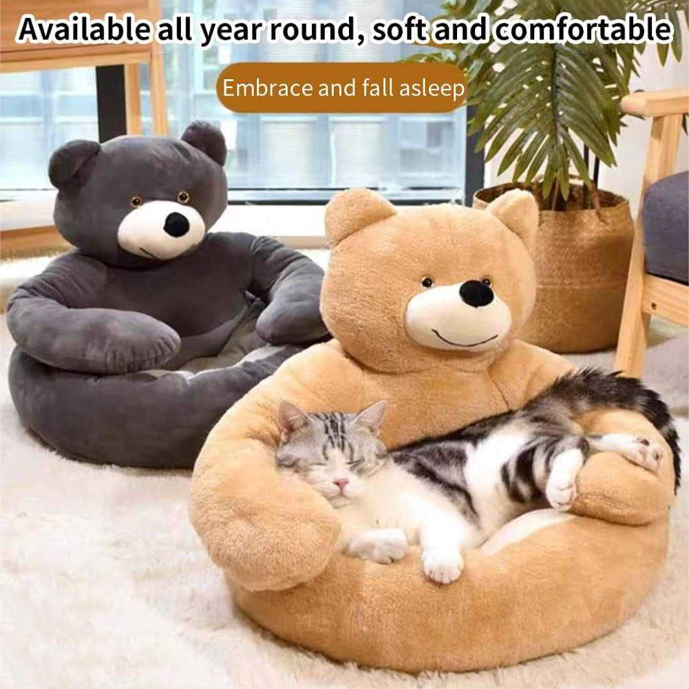 Cute Bear Hug Design Dog Cat Beds Plush Pet Beds Cuddler, Warm Soft Calming Dog Beds with Removable Washable Cover Non-Slip Bottom (Diameter 22 In, Khaki)