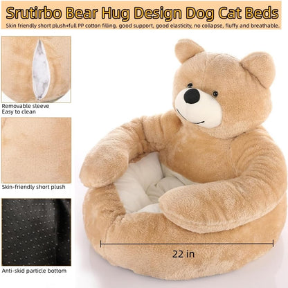 Cute Bear Hug Design Dog Cat Beds Plush Pet Beds Cuddler, Warm Soft Calming Dog Beds with Removable Washable Cover Non-Slip Bottom (Diameter 22 In, Khaki)