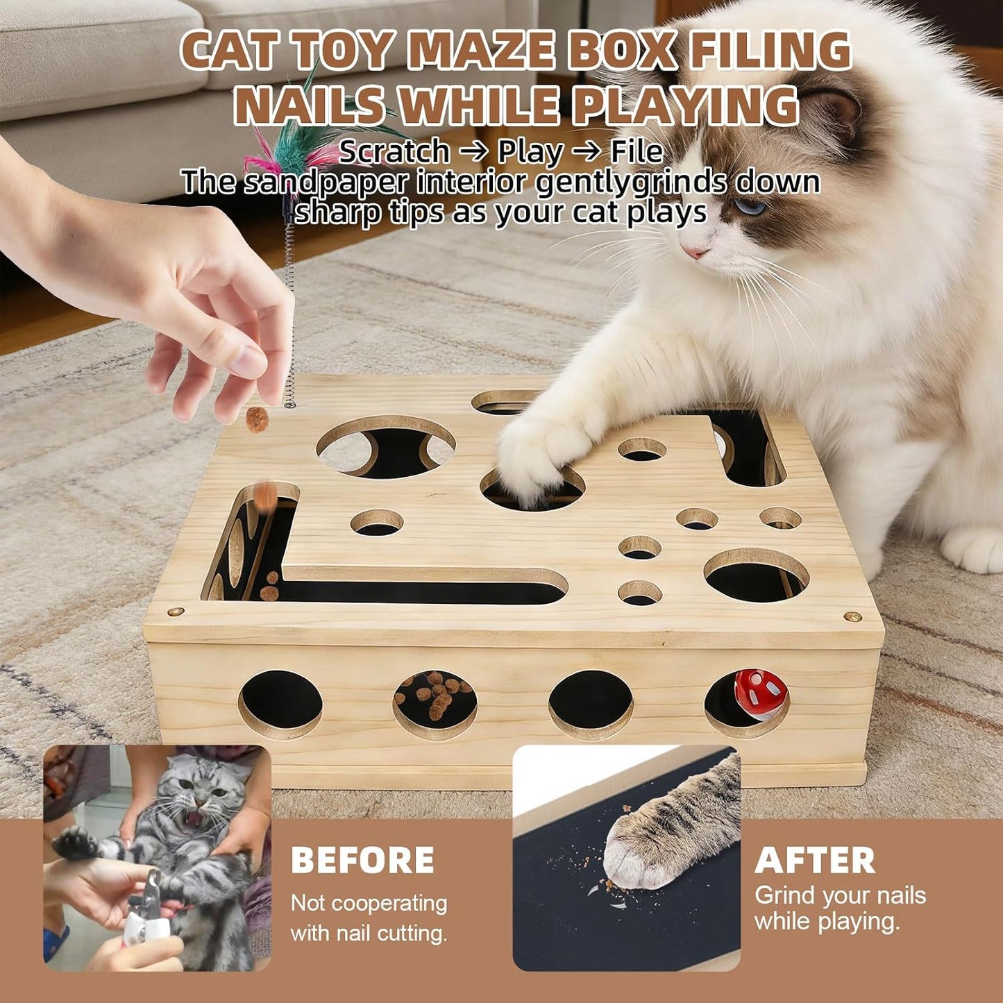 Cat Scratch Puzzle Enrichment Box, Interactive Cat Nail File Scratcher with Sandpaper, 3 Bell Balls & Detachable Teaser Wand, Stress‑Free Nail Care Toy for Indoor Cats, Scratchers That Trim Nails