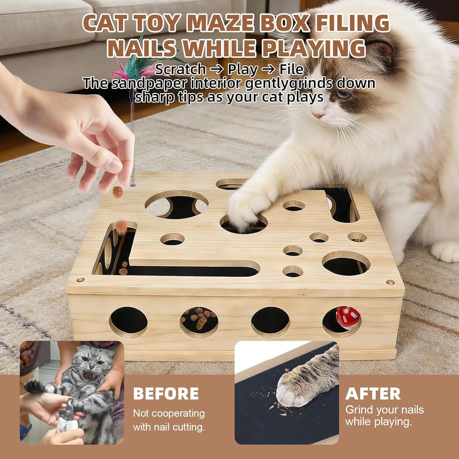 Cat Scratch Puzzle Enrichment Box, Interactive Cat Nail File Scratcher with Sandpaper, 3 Bell Balls & Detachable Teaser Wand, Stress‑Free Nail Care Toy for Indoor Cats, Scratchers That Trim Nails