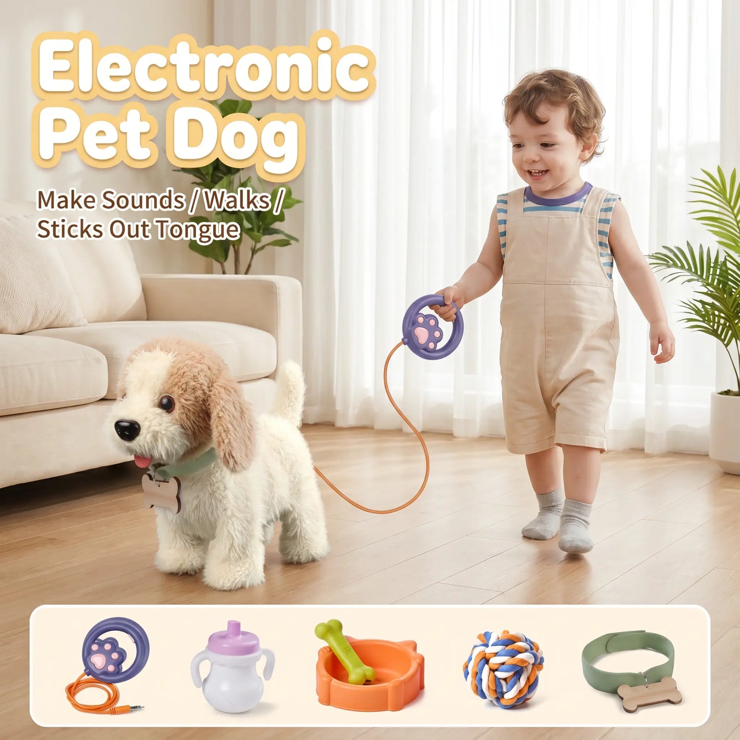 TUMAMA Realistic Interactive Puppy - Walking, Barking Dog Toy with Leash & 6 Songs! Touch & Voice Activated Smart Pet with DIY Feeding Set, Soft Huggable Plush for Imaginative Play & Emotional Development
