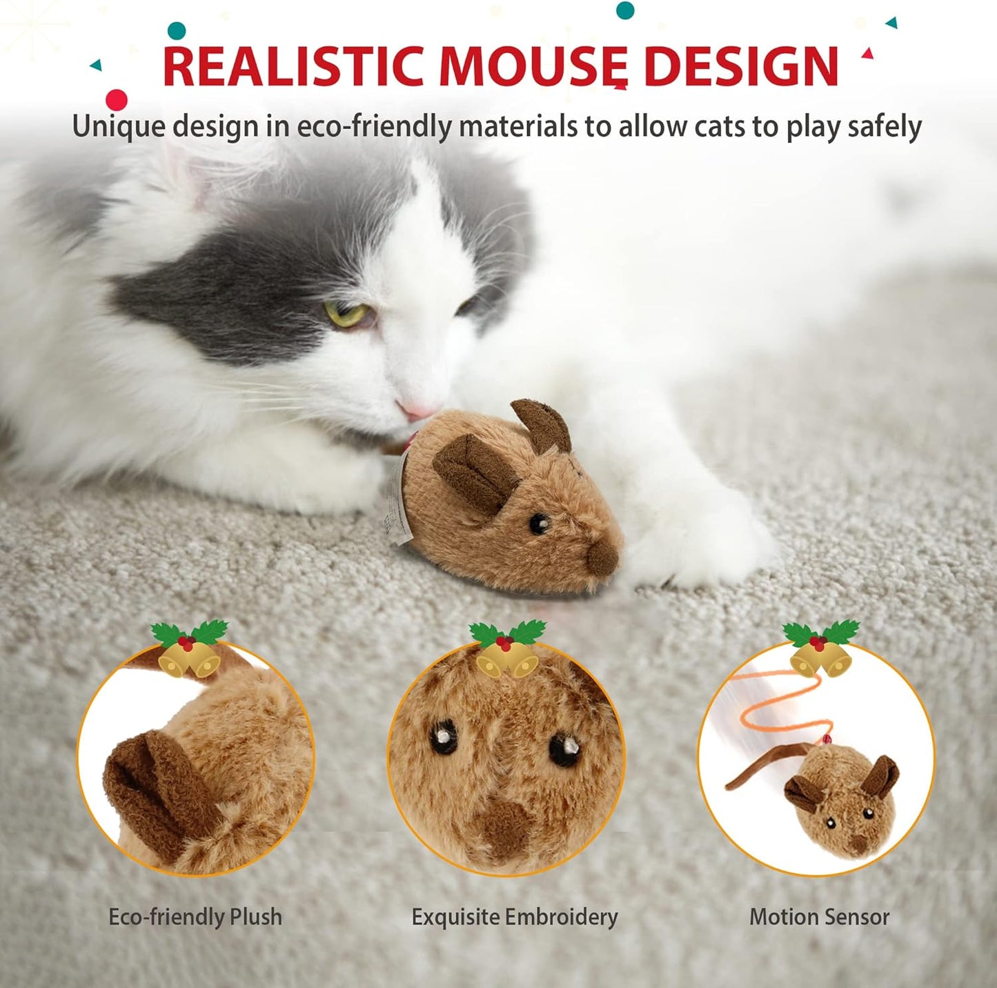 Interactive Cat Toy Mouse, Moving Automatic Cat Toys Mice Electronic with Furry Tail, Automatic Squeaky Cat Toys for Kitten Indoor/Outdoor Exercise (Brown-Ear) | Electronic Cat Mice Toy with Furry Tail, Brown Motion-Activated Cat Chase Toy, Great for Indoor& Outdoor Exercise Play