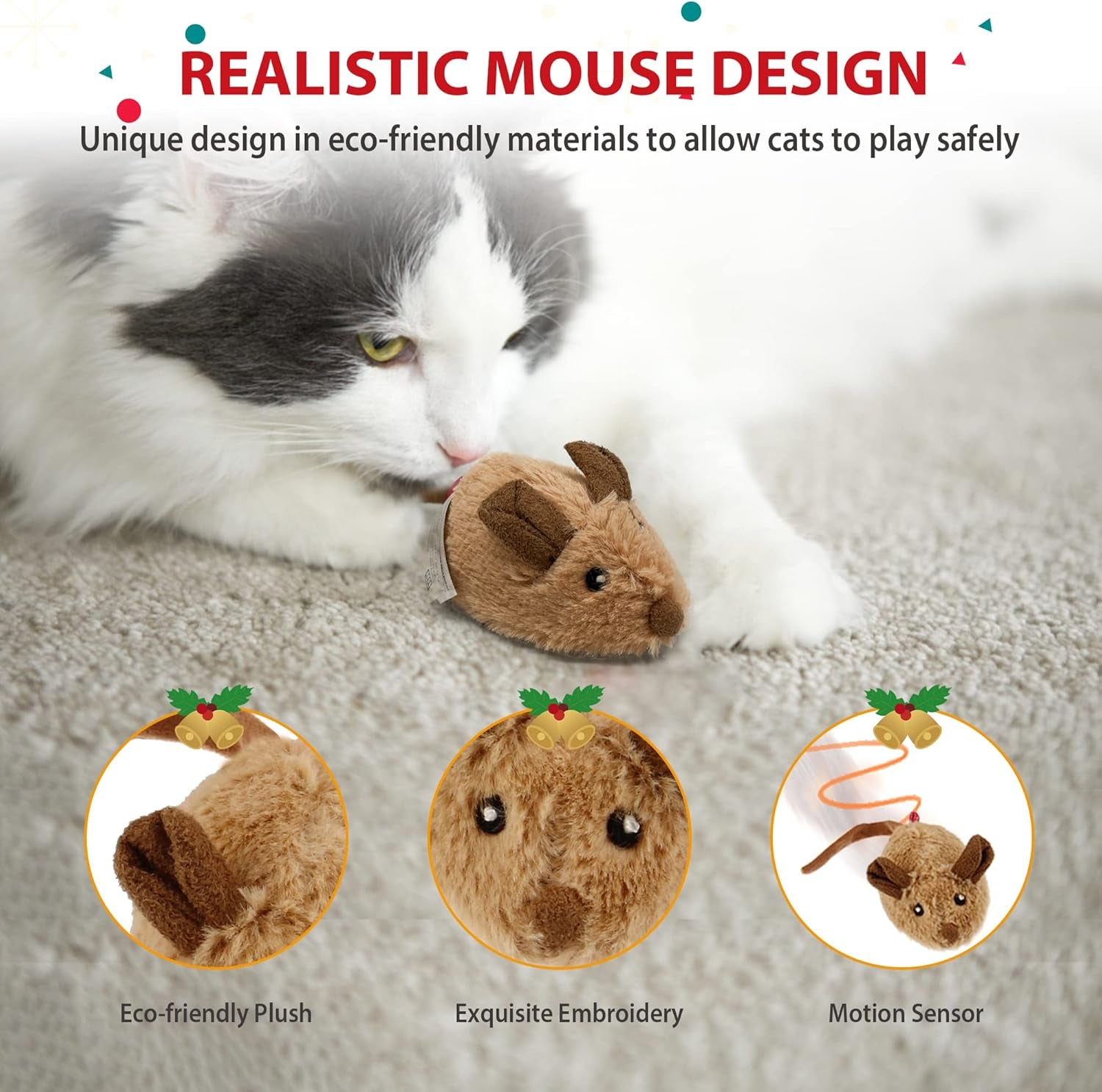 Interactive Cat Toy Mouse, Moving Automatic Cat Toys Mice Electronic with Furry Tail, Automatic Squeaky Cat Toys for Kitten Indoor/Outdoor Exercise (Brown-Ear) | Electronic Cat Mice Toy with Furry Tail, Brown Motion-Activated Cat Chase Toy, Great for Indoor& Outdoor Exercise Play