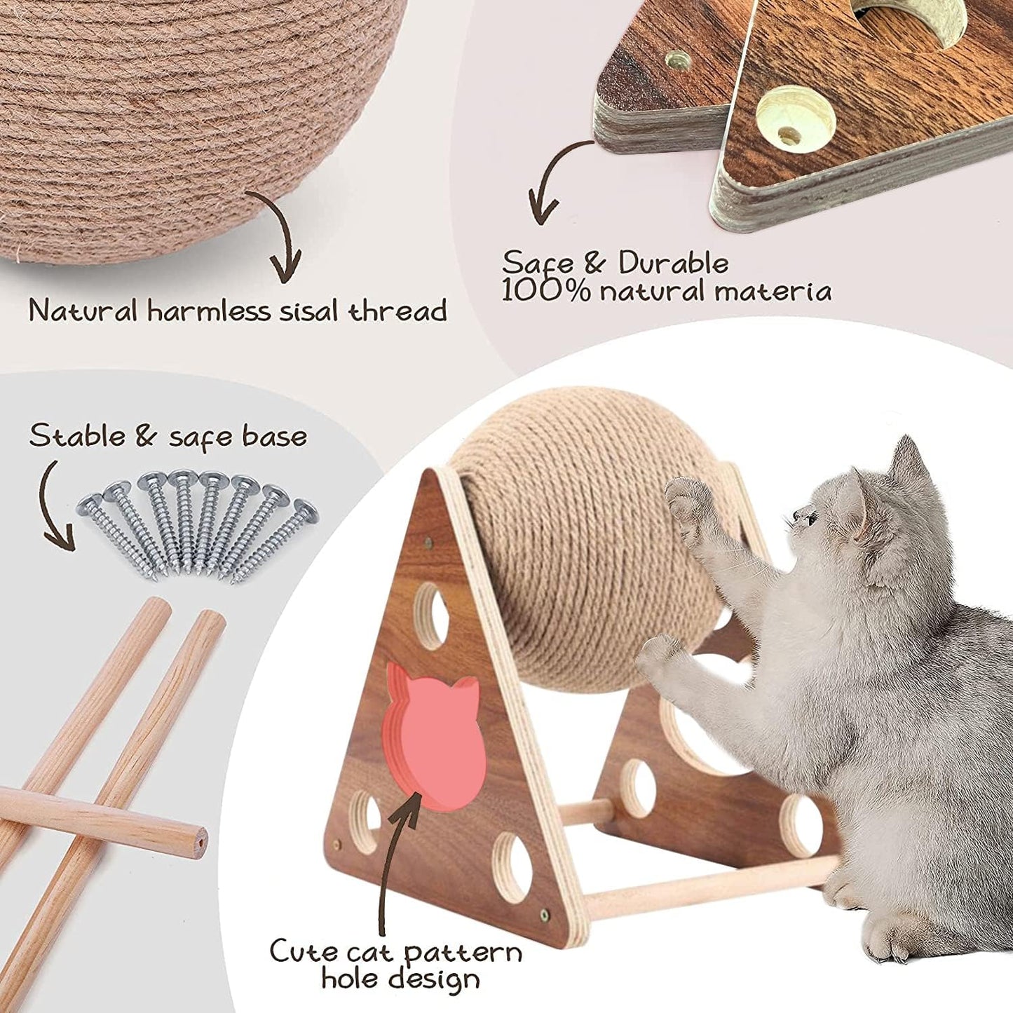 Cat Scratcher Toy,Natural Sisal Rope Cat Scratching Ball Scratcher Toy with Ball for Cats& Kittens&Dogs&Puppy, Interactive Solid Wood Scratcher Pet Toy (Small)