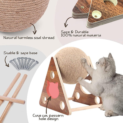 Cat Scratcher Toy,Natural Sisal Rope Cat Scratching Ball Scratcher Toy with Ball for Cats& Kittens&Dogs&Puppy, Interactive Solid Wood Scratcher Pet Toy (Small)