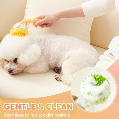 Dog Bath Brush, 2 in 1 Pet Grooming Bath Massage Brush with Soap and Shampoo Dispenser Soft Silicone Bristle Dog Scrubber for Long Short Haired Dogs Cats Shower(Yellow)