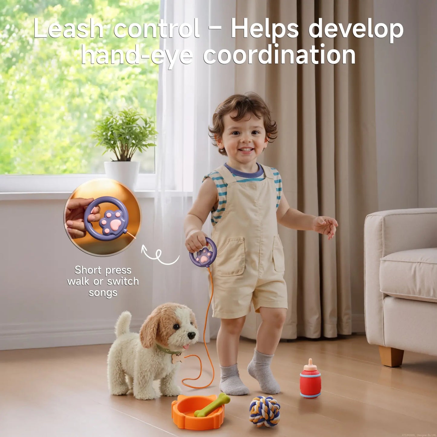 TUMAMA Realistic Interactive Puppy - Walking, Barking Dog Toy with Leash & 6 Songs! Touch & Voice Activated Smart Pet with DIY Feeding Set, Soft Huggable Plush for Imaginative Play & Emotional Development