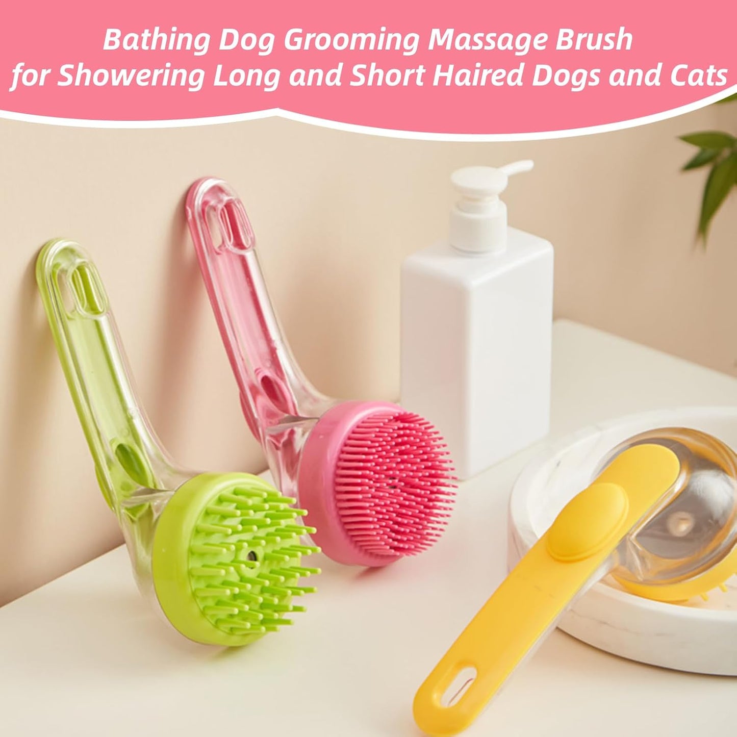 Dog Bath Brush, 2 in 1 Pet Grooming Bath Massage Brush with Soap and Shampoo Dispenser Soft Silicone Bristle Dog Scrubber for Long Short Haired Dogs Cats Shower(Yellow)