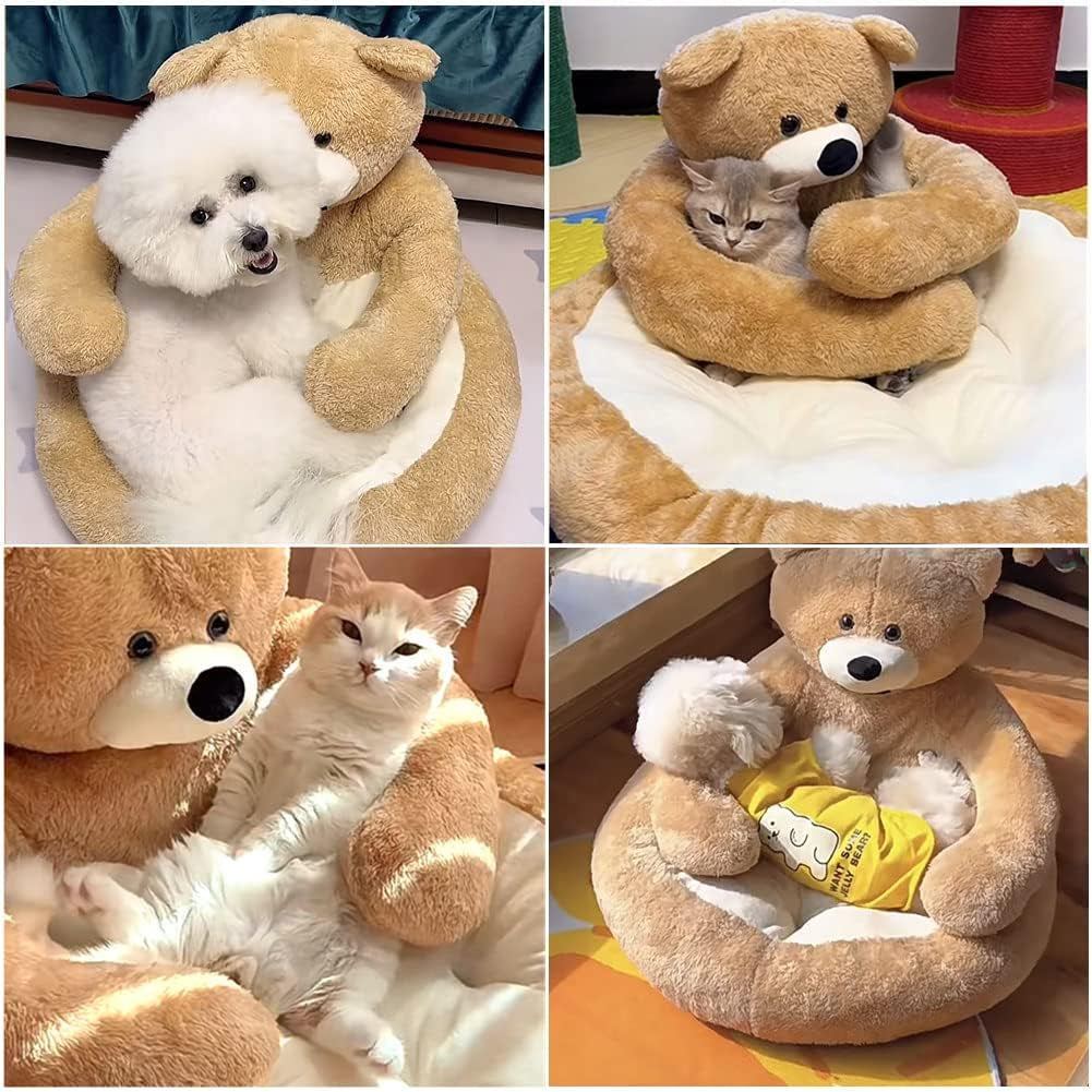 Cute Bear Hug Design Dog Cat Beds Plush Pet Beds Cuddler, Warm Soft Calming Dog Beds with Removable Washable Cover Non-Slip Bottom (Diameter 22 In, Khaki)