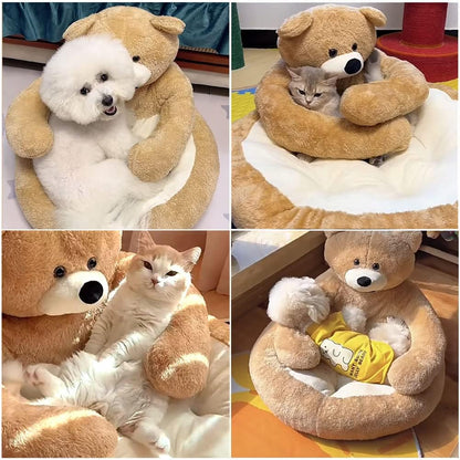Cute Bear Hug Design Dog Cat Beds Plush Pet Beds Cuddler, Warm Soft Calming Dog Beds with Removable Washable Cover Non-Slip Bottom (Diameter 22 In, Khaki)